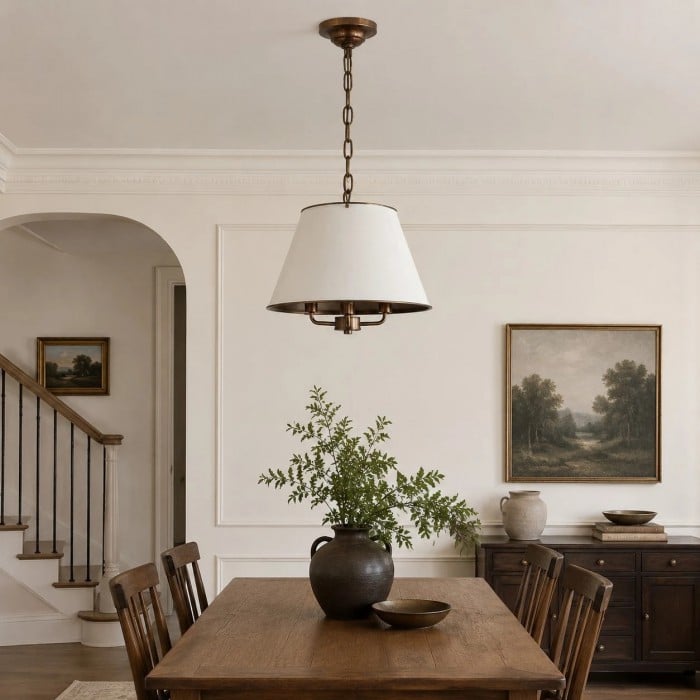 Vintage Solid Brass Pendant Light with White Fabric Shade HL3942