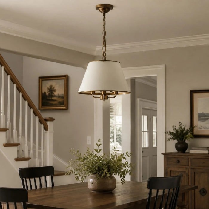 Vintage Solid Brass Pendant Light with White Fabric Shade HL3942