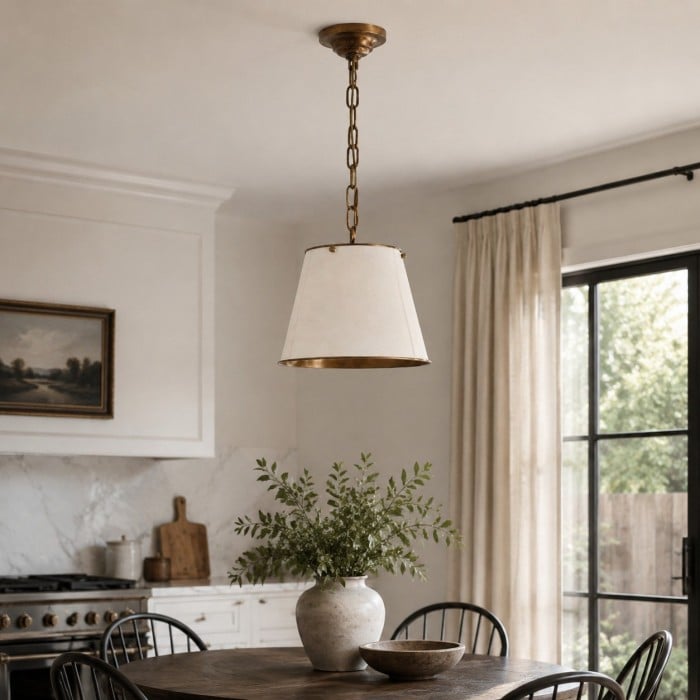 Vintage Solid Brass Pendant Light with White Fabric Shade HL3942
