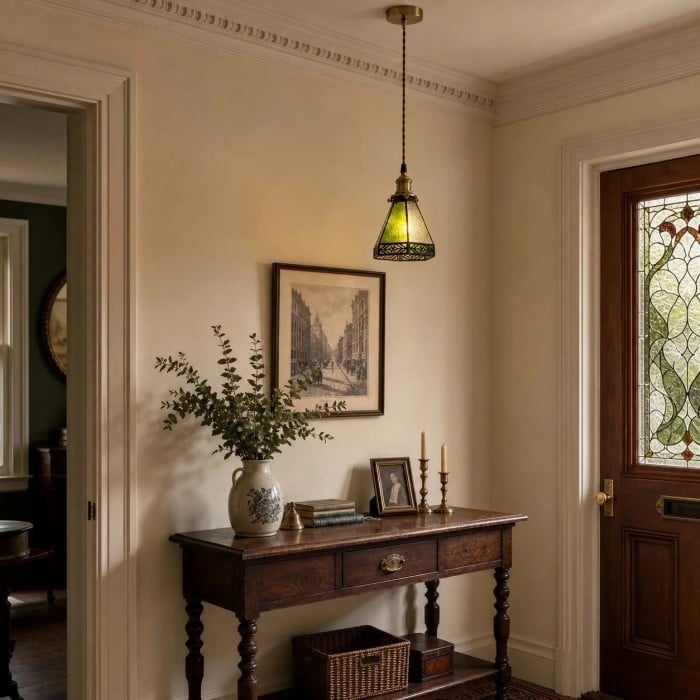 Lampa wisząca z witrażem w stylu vintage, mosiężna i szklana lampa sufitowa w kolorze zielonym do kuchni, baru, przedpokoju i