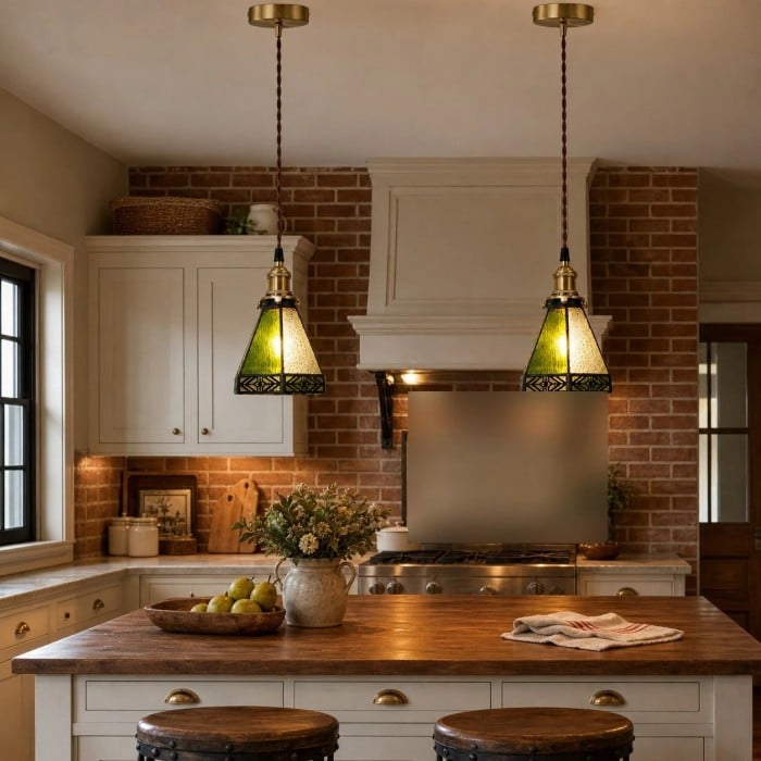 Vintage hanglamp met gebrandschilderd glas, messing en groen glas, plafondlamp voor keuken, bar, hal en studeerkamer HL3905