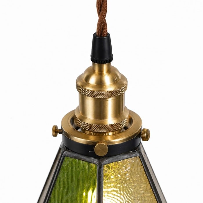 Vintage hanglamp met gebrandschilderd glas, messing en groen glas, plafondlamp voor keuken, bar, hal en studeerkamer HL3905