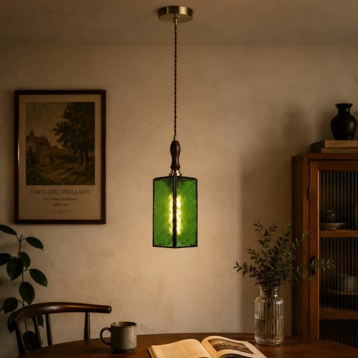 Lámpara colgante vintage de cristal texturizado con detalles de madera HL3857