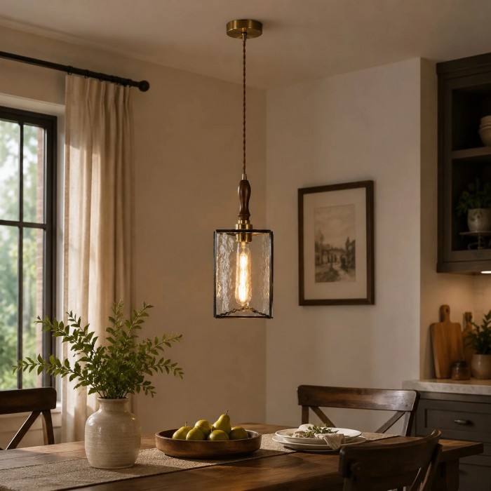 Lámpara colgante vintage de cristal texturizado con detalles de madera HL3857