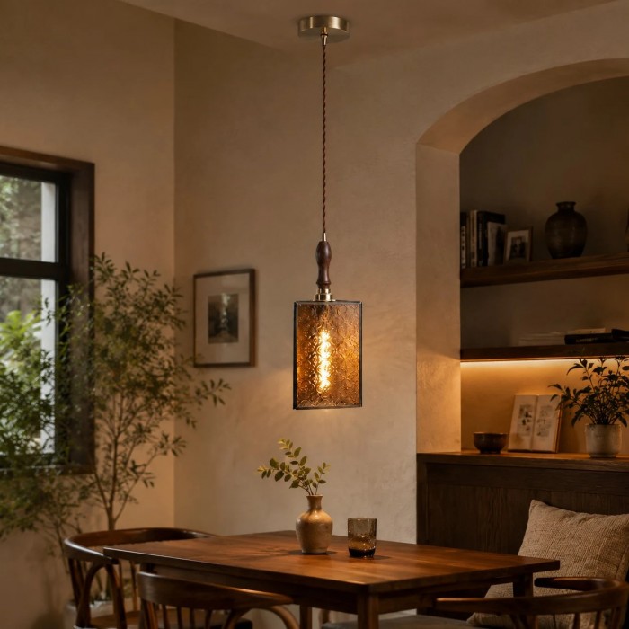 Lámpara colgante vintage de cristal texturizado con detalles de madera HL3857