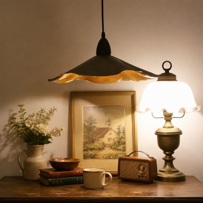 Lámpara colgante vintage ondulada con pantalla de metal envejecido HL3962