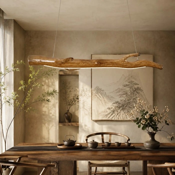 Lámpara colgante lineal Wabi-Sabi de madera natural para comedores y salas de té HL3709