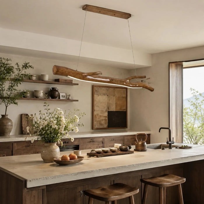 Lámpara colgante lineal Wabi-Sabi de madera natural para comedores y salas de té HL3709