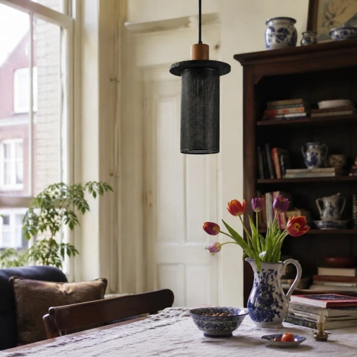 Hanglamp van geweven gaas - Zwarte rustieke stijl voor eetkamers HL3985