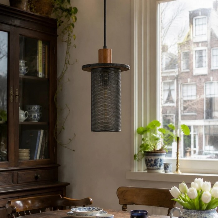 Hanglamp van geweven gaas - Zwarte rustieke stijl voor eetkamers HL3985