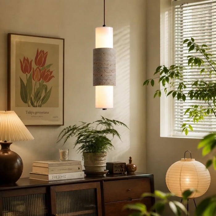 Hanglamp met cilindervormige kap van gele travertijn HL3744