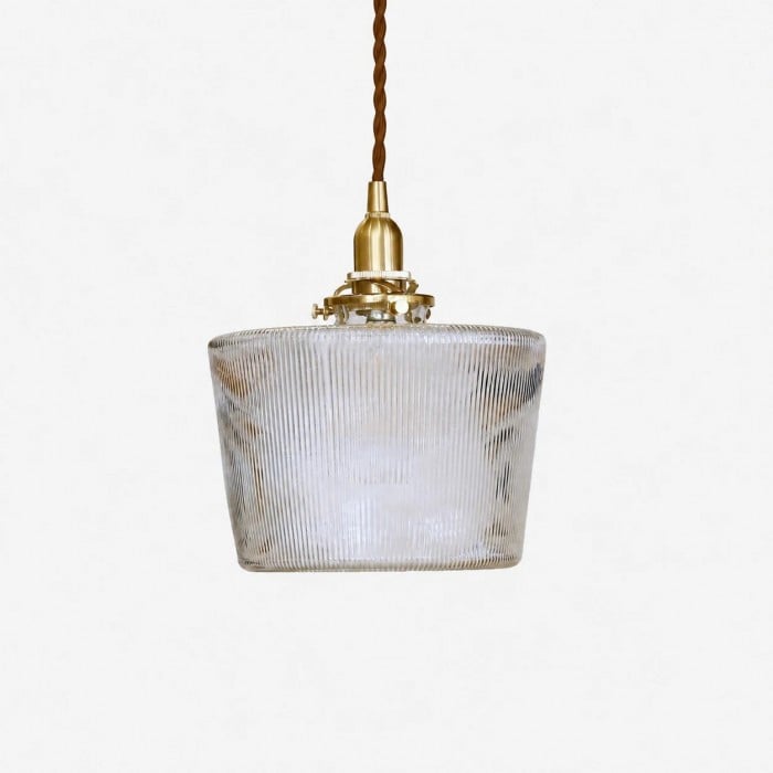 Amerikaanse vintage messing hanglamp met geribbeld glas HL3863