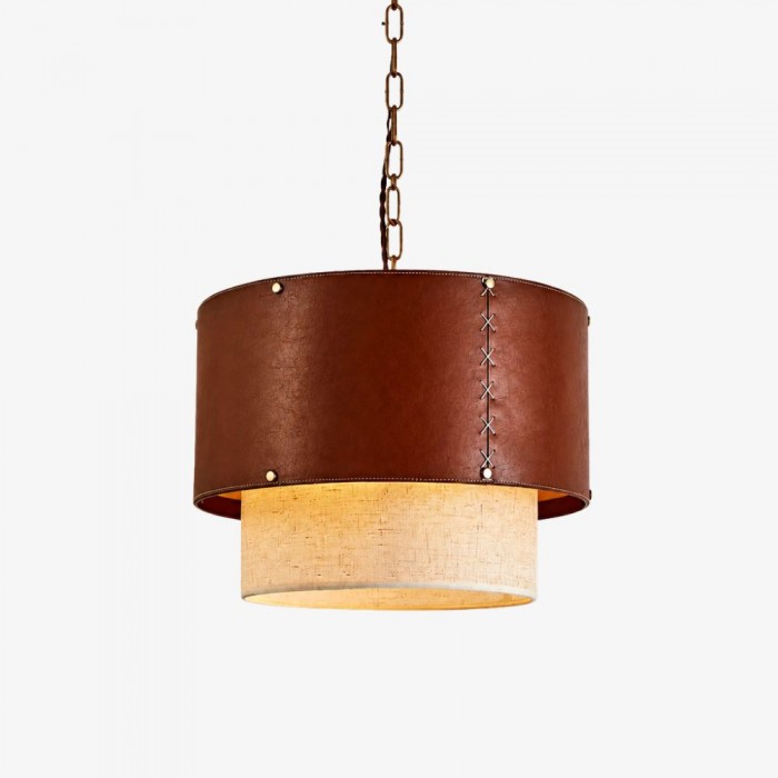 Rustieke hanglamp met bruine leren trommelkap voor de woonkamer HL3771