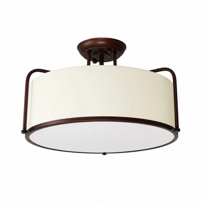 Plafonnier semi-encastré Dumora avec abat-jour en tissu blanc - Structure en métal brun café pour salon HL3900