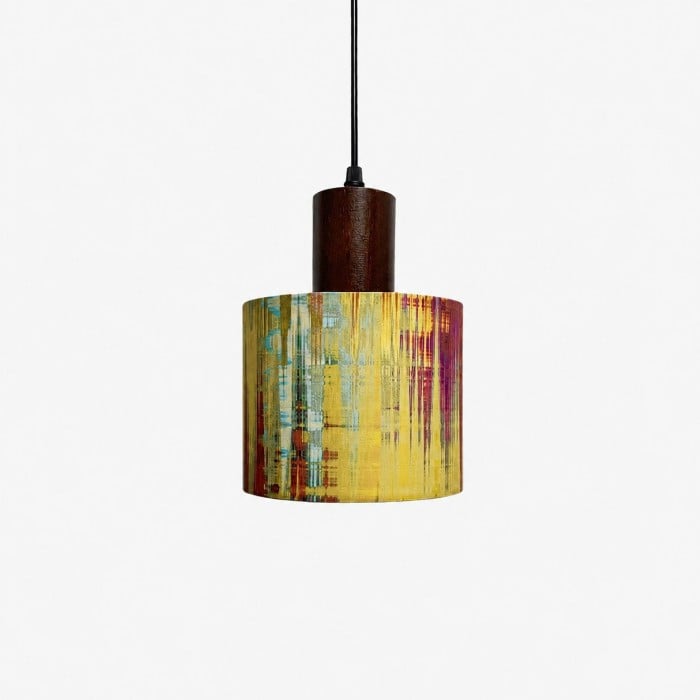 Printed Fabric Drum Pendant Light with Walnut Wood Holder HL4017