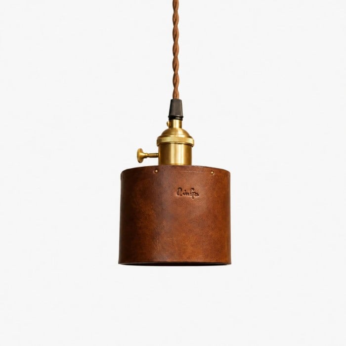 Vintage bruine leren cilindervormige hanglamp met messing fitting HL3678