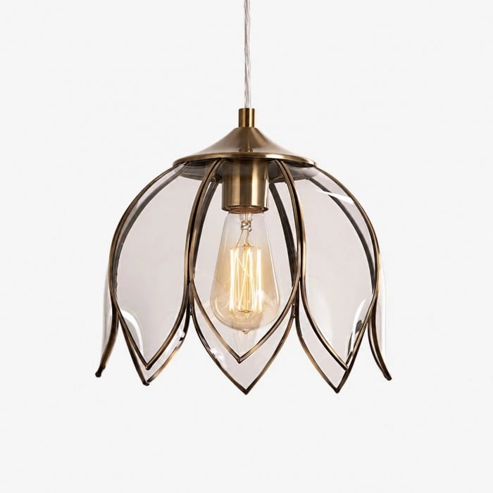 Vintage Lotus Glass Pendant Light with Brass-Tone Frame HL3813