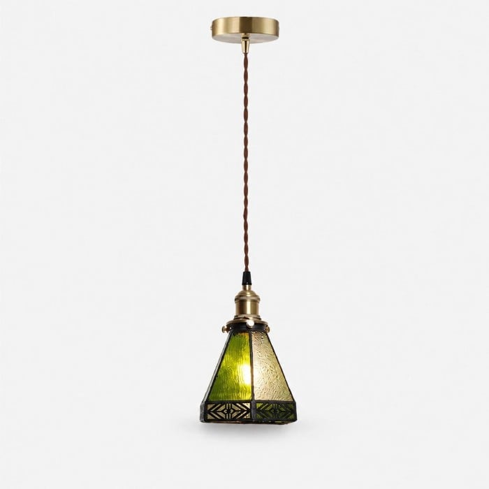 Lampa wisząca z witrażem w stylu vintage, mosiężna i szklana lampa sufitowa w kolorze zielonym do kuchni, baru, przedpokoju i