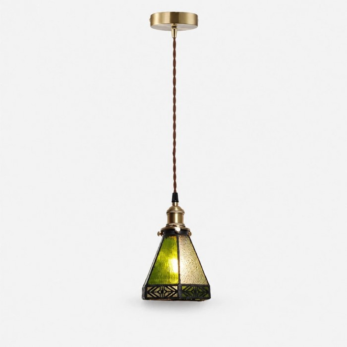 Vintage hanglamp met gebrandschilderd glas, messing en groen glas, plafondlamp voor keuken, bar, hal en studeerkamer HL3905