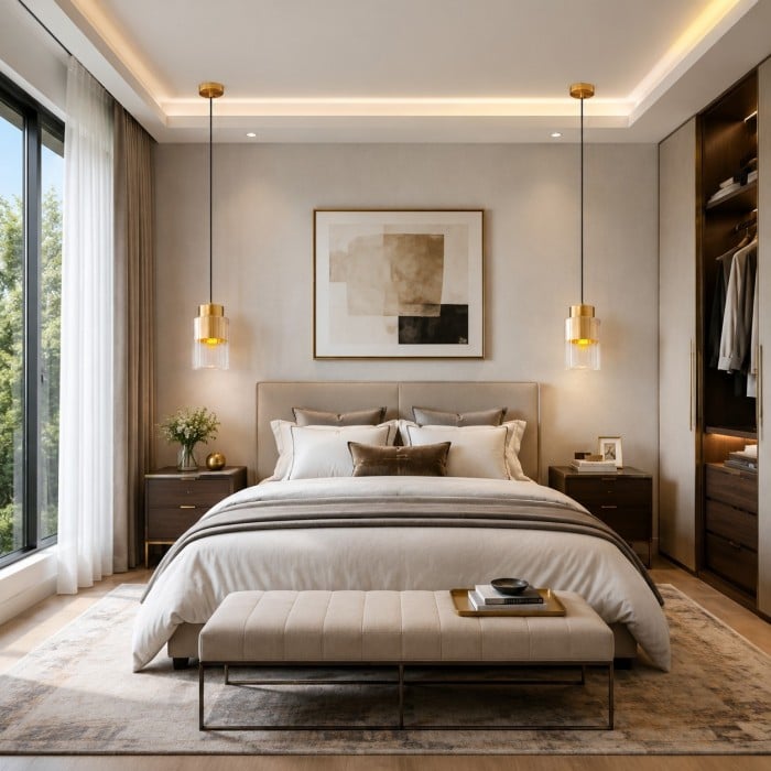Hanglamp van Amerikaans messing met glazen kap en geribbelde cilindrische kap - Moderne metalen armatuur voor de slaapkamer