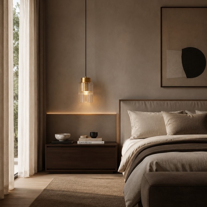 Hanglamp van Amerikaans messing met glazen kap en geribbelde cilindrische kap - Moderne metalen armatuur voor de slaapkamer