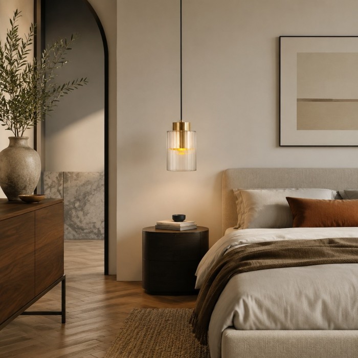 Hanglamp van Amerikaans messing met glazen kap en geribbelde cilindrische kap - Moderne metalen armatuur voor de slaapkamer