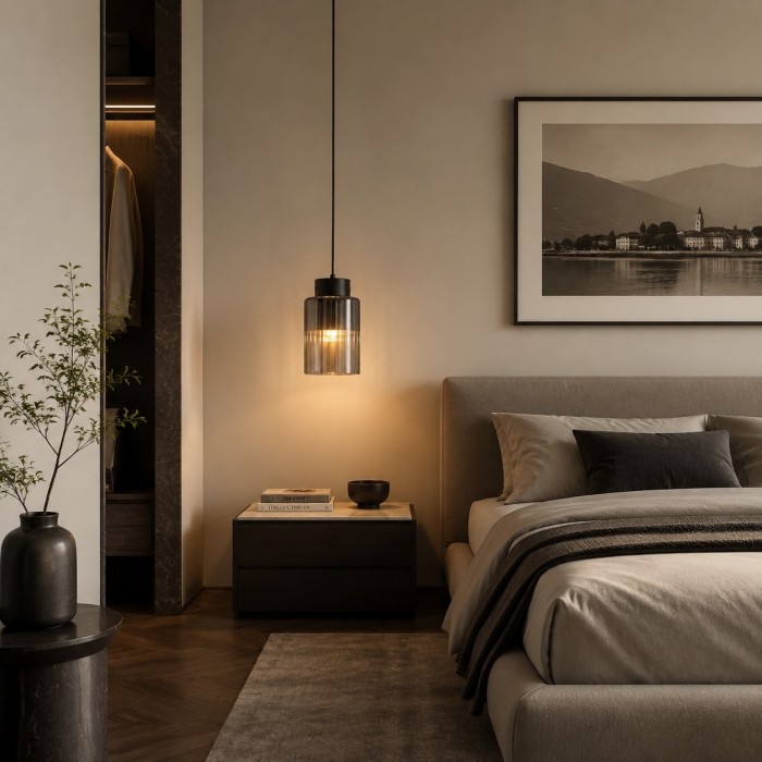 Hanglamp van Amerikaans messing met glazen kap en geribbelde cilindrische kap - Moderne metalen armatuur voor de slaapkamer