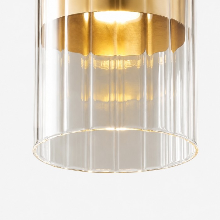 Hanglamp van Amerikaans messing met glazen kap en geribbelde cilindrische kap - Moderne metalen armatuur voor de slaapkamer
