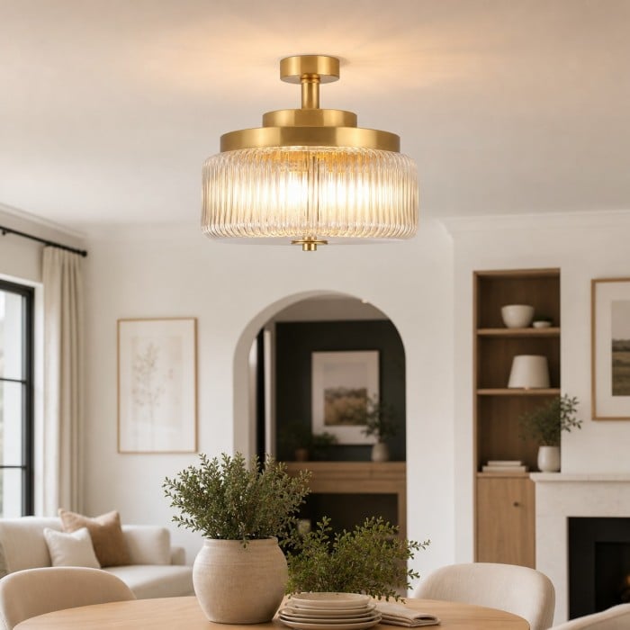 Antique Brass Ribbed Glass Ceiling Light HL4290