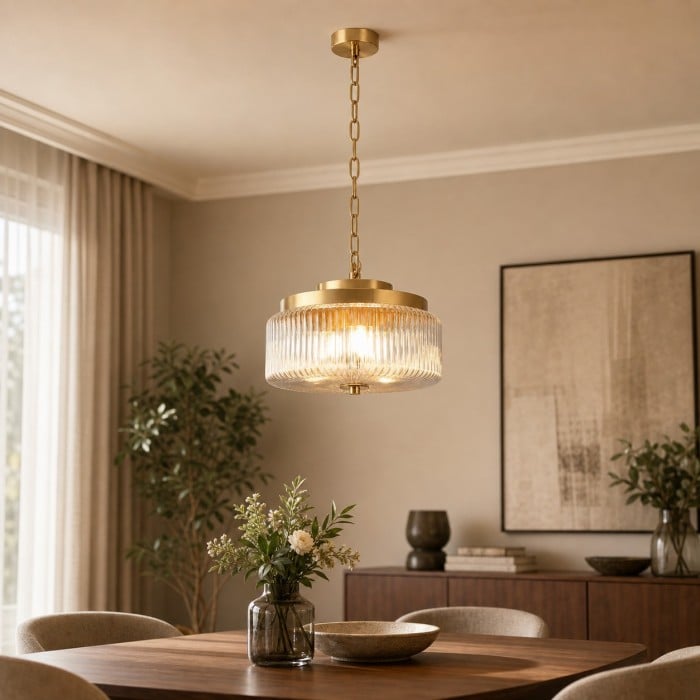 Antique Brass Ribbed Glass Ceiling Light HL4290