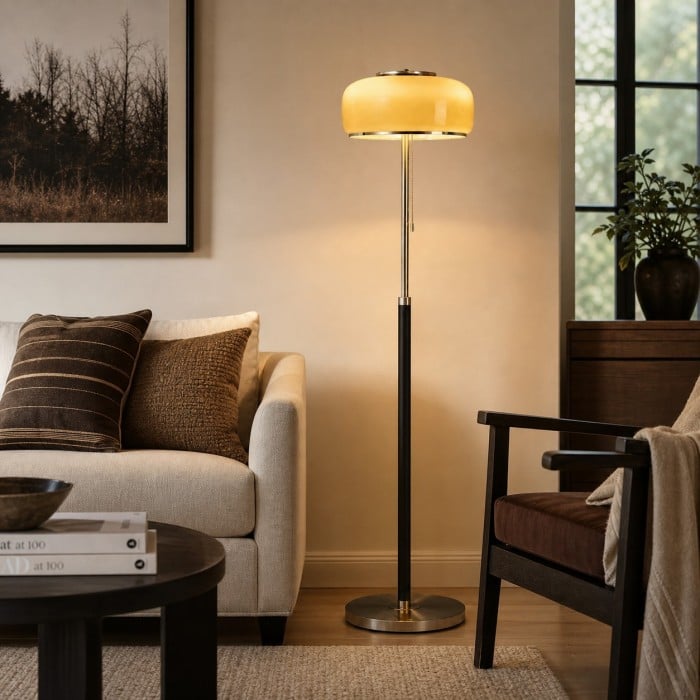 Lampadaire Bauhaus en verre avec structure en bois et chrome HL4633