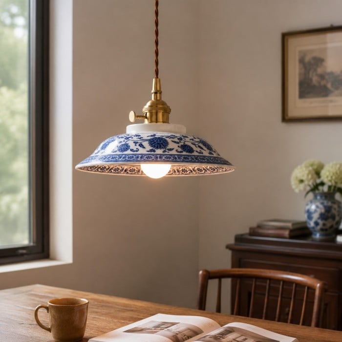 Lampada a sospensione in ceramica blu e bianca con dettagli in ottone HL4497