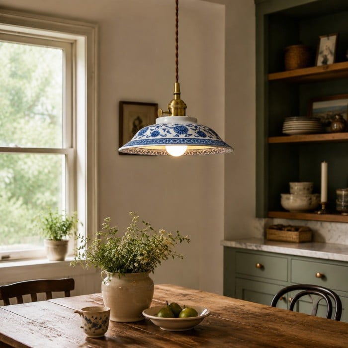 Lampada a sospensione in ceramica blu e bianca con dettagli in ottone HL4497