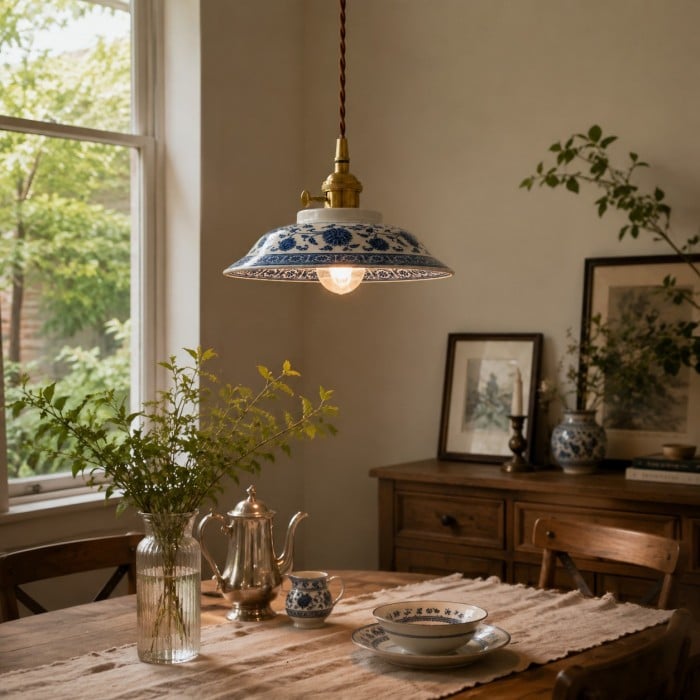 Lampada a sospensione in ceramica blu e bianca con dettagli in ottone HL4497