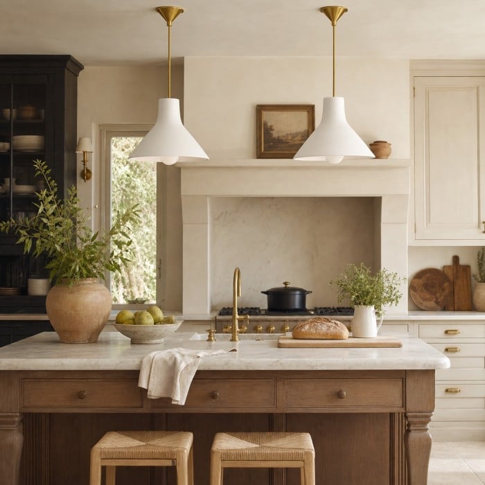 Calvor hanglamp met witte porseleinen kap en messing afwerking - Enkelvoudige en lineaire uitvoering voor de keuken HL4200