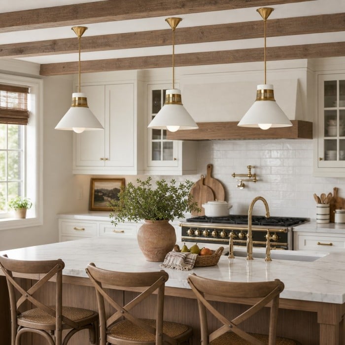 Calvor hanglamp met witte porseleinen kap en messing afwerking - Enkelvoudige en lineaire uitvoering voor de keuken HL4200