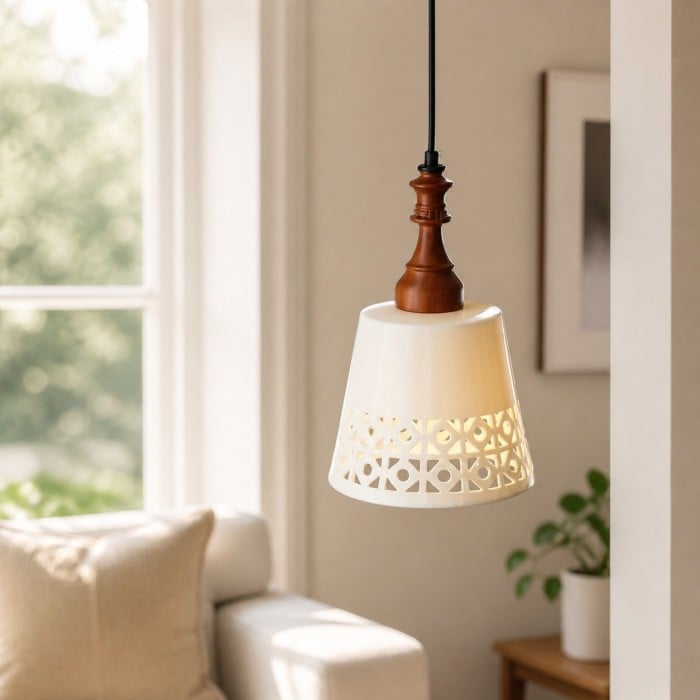 Suspension en céramique crème et bois HL4367