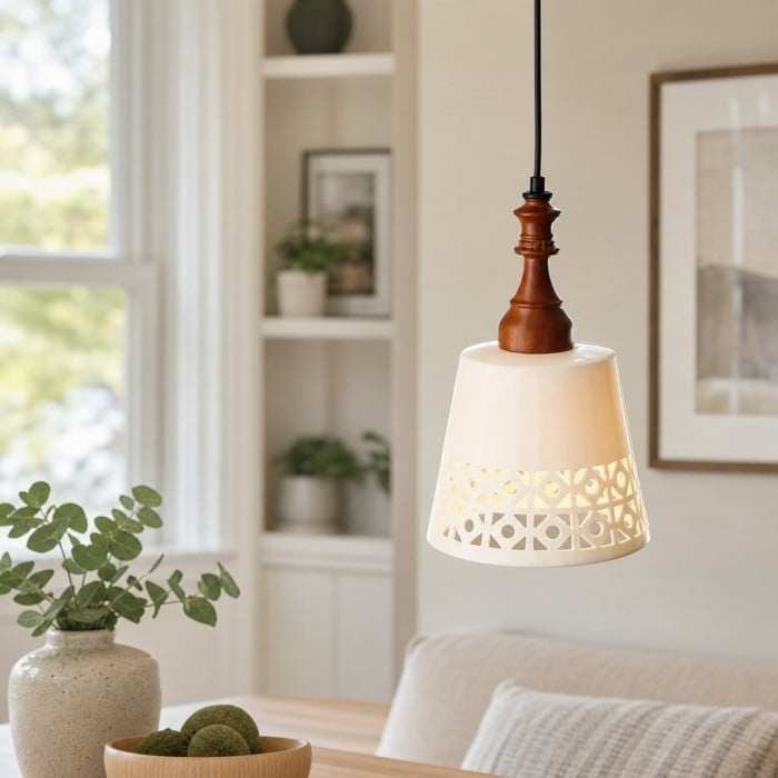 Suspension en céramique crème et bois HL4367