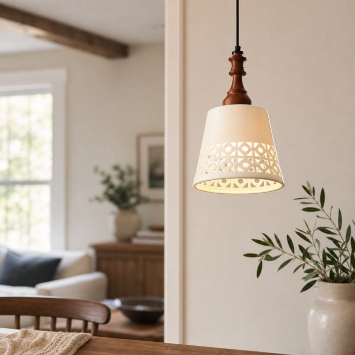 Suspension en céramique crème et bois HL4367