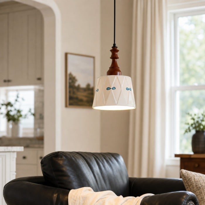 Suspension en céramique crème et bois HL4367