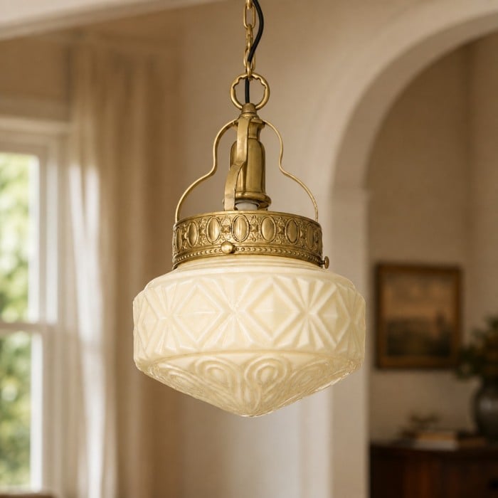 Suspension vintage en verre opalin gaufré pour salle à manger HL4588
