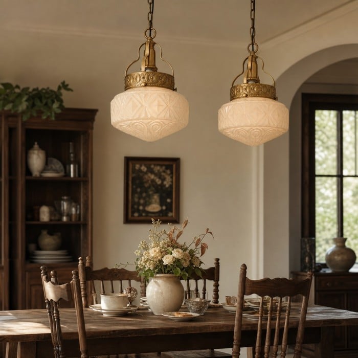 Suspension vintage en verre opalin gaufré pour salle à manger HL4588