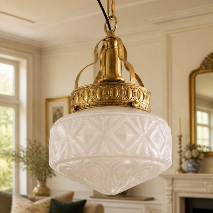 Suspension vintage en verre opalin gaufré pour salle à manger HL4588
