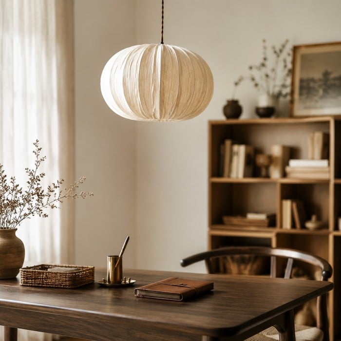 Suspension en tissu avec rosace en bois HL4438