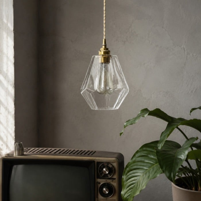 Suspension en verre transparent à facettes avec support en laiton antique HL4501