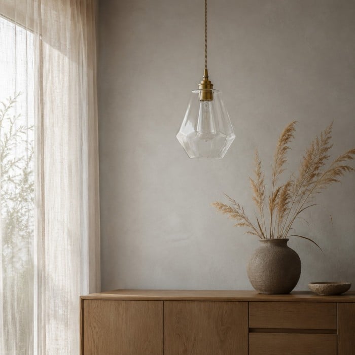 Suspension en verre transparent à facettes avec support en laiton antique HL4501