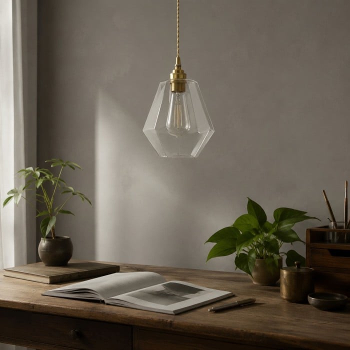 Suspension en verre transparent à facettes avec support en laiton antique HL4501