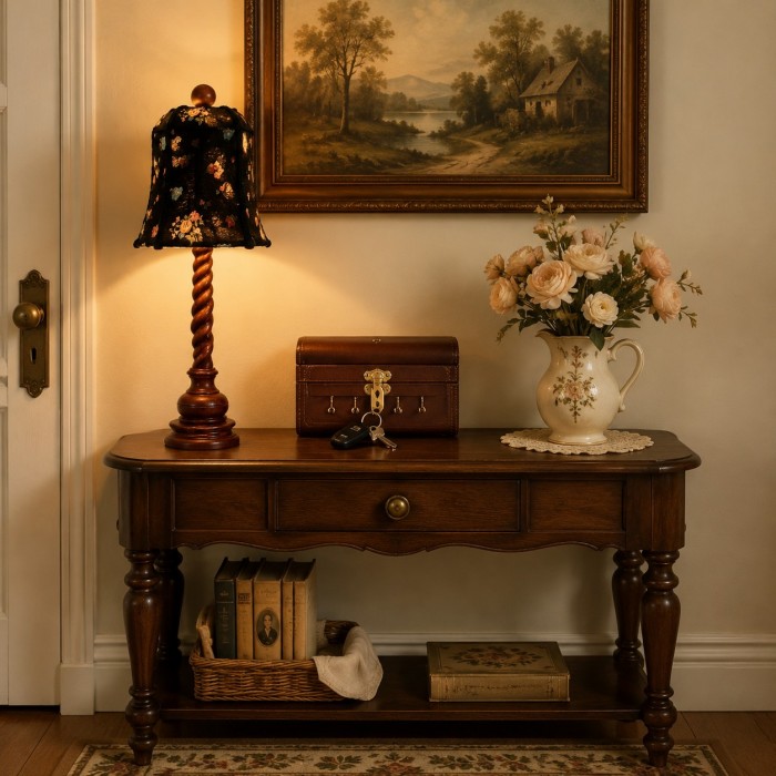 Tafellamp HL4560 met bloemenprint van stof en houtsnijwerk.