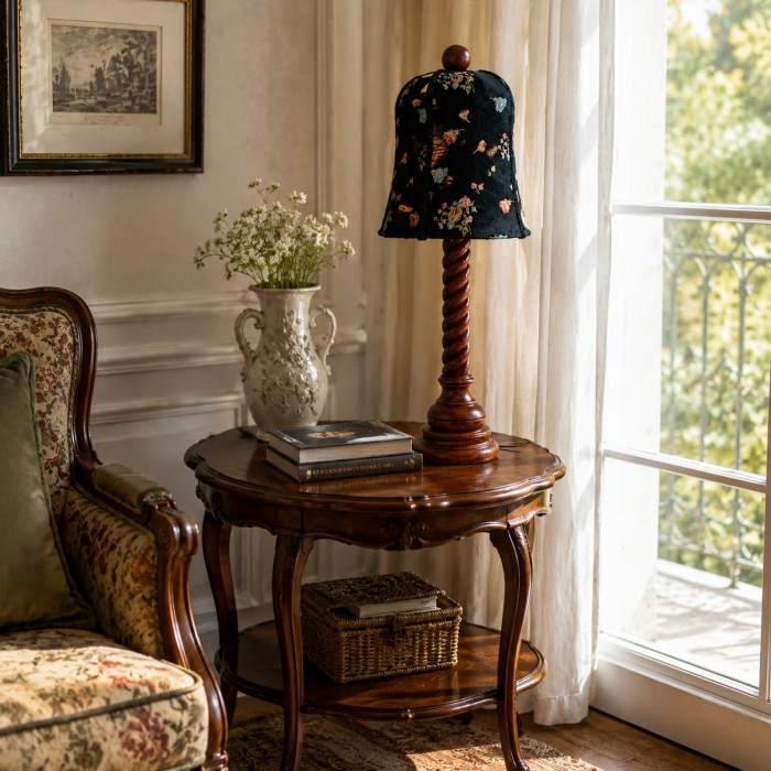 Tafellamp HL4560 met bloemenprint van stof en houtsnijwerk.