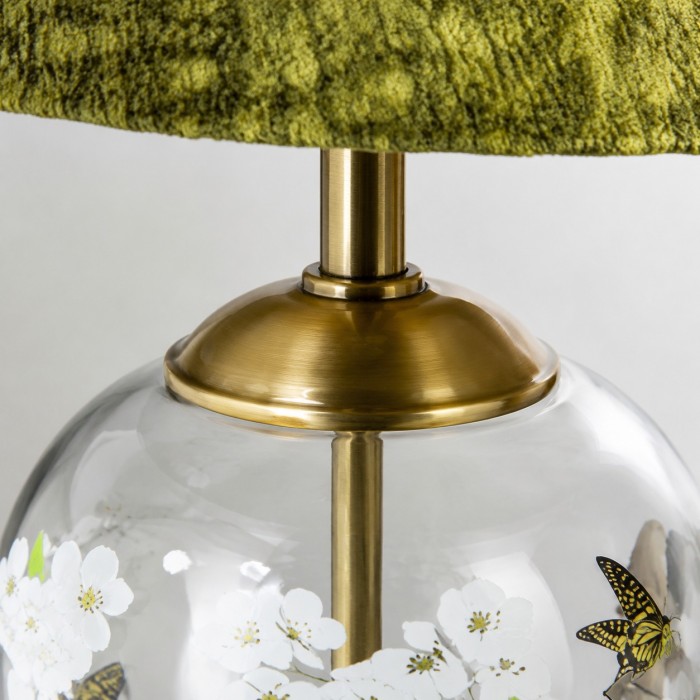 Glazen tafellamp met bloemenmotief en groene, gestructureerde stoffen kap HL4543